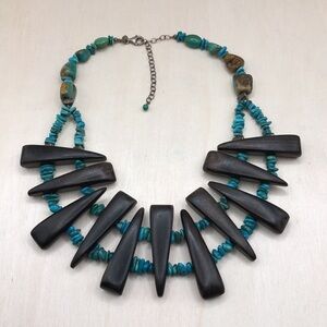 Vintage SX 925 sterling silver turquoise and wood statement bib necklace.